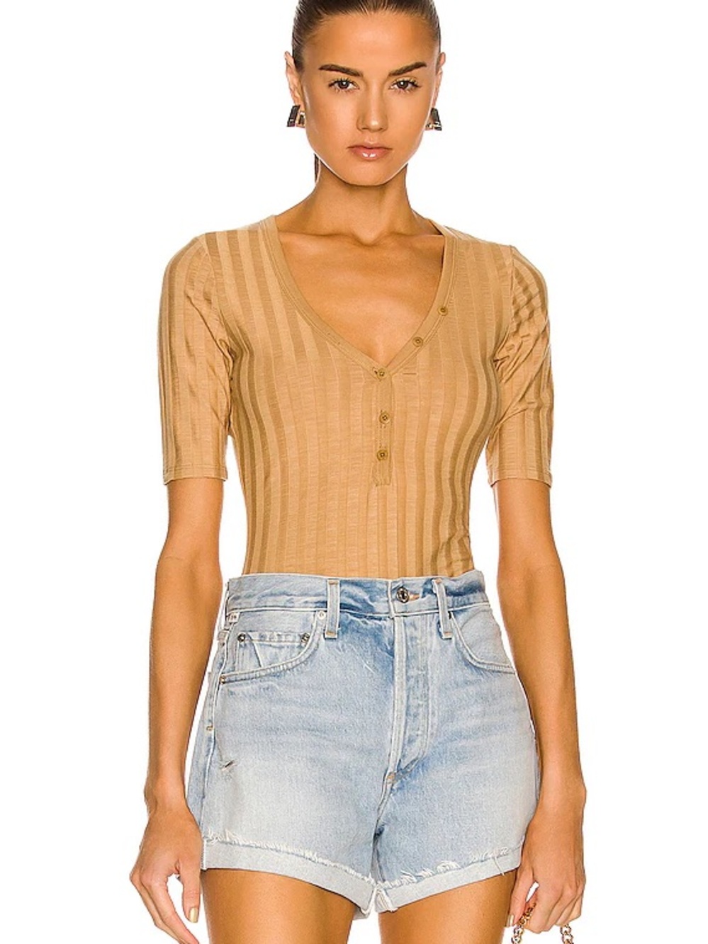 Jonathan Simkhai Miyah Bodysuit Ribbed V-Neck Short Sleeve Camel